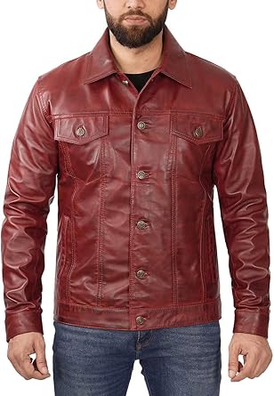 Men Vintage Shirt Collar Leather Jacket | Trucker Leather Jackets for Men | Shirt Style Button Man Leather Jacket