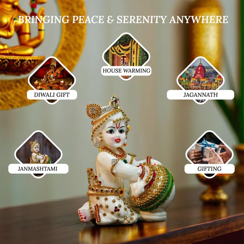 Image of Ekhasa Aura Series Marble Dust Bal Gopal Murti (8 inch, Medium Size) | Gemstone Zircon Studded Laddu Gopal Murti for Pooja | Resin Baby Krishna Idol for Home | Sri Krishna Idols for Gift