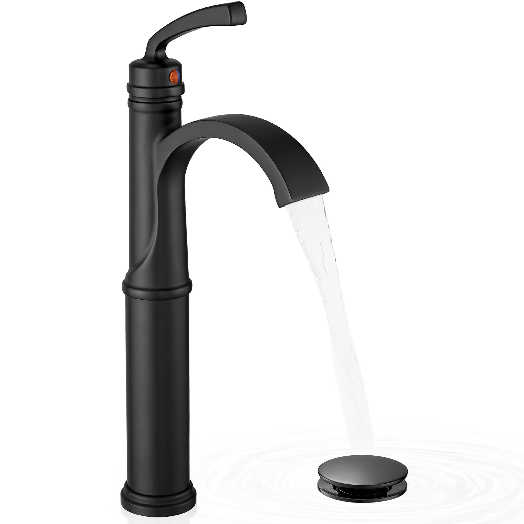 Nfusrxmbk Matte Black Waterfall Vessel Faucet, Tall Bathroom Faucet Black, Brass Vessel Sink Faucets Bathroom Sink Faucet One Hole Single Handle With Supply Hoses Pop-Up Drain