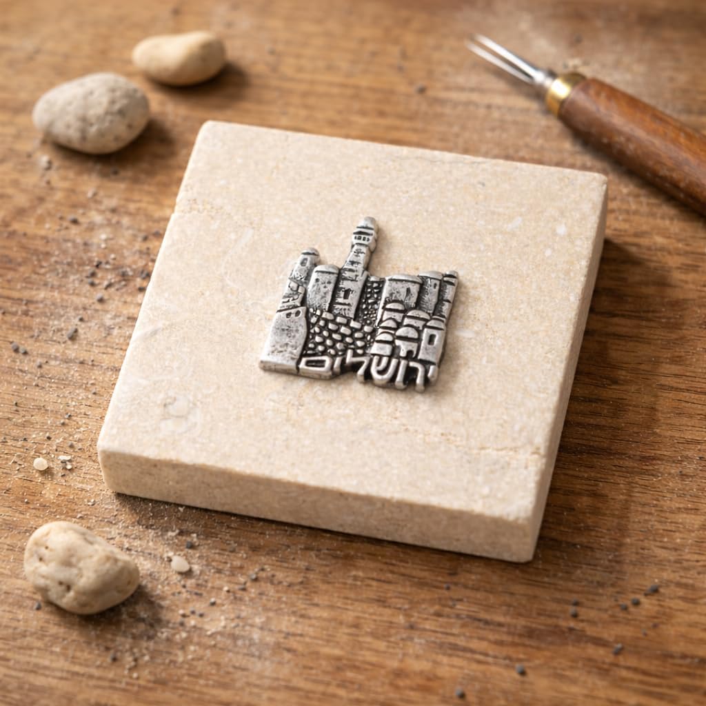 Original Stone from Jerusalem, Holy Land Gift, Old City Metal Stamping, Authentic Natural Jerusalem Stone Souvenir, Dolomite Limestone, Religious Keepsake