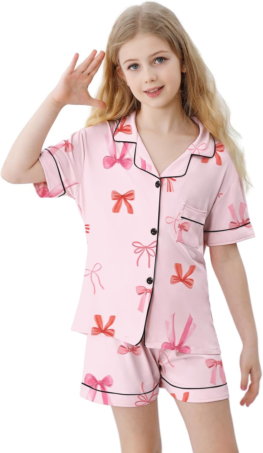 Umeyda Girls Pajamas Set Soft Short Sleeve Button-Down Sleepwea Nightwear 3Pjs Set Loungewear, 5-14 Years - Image 2