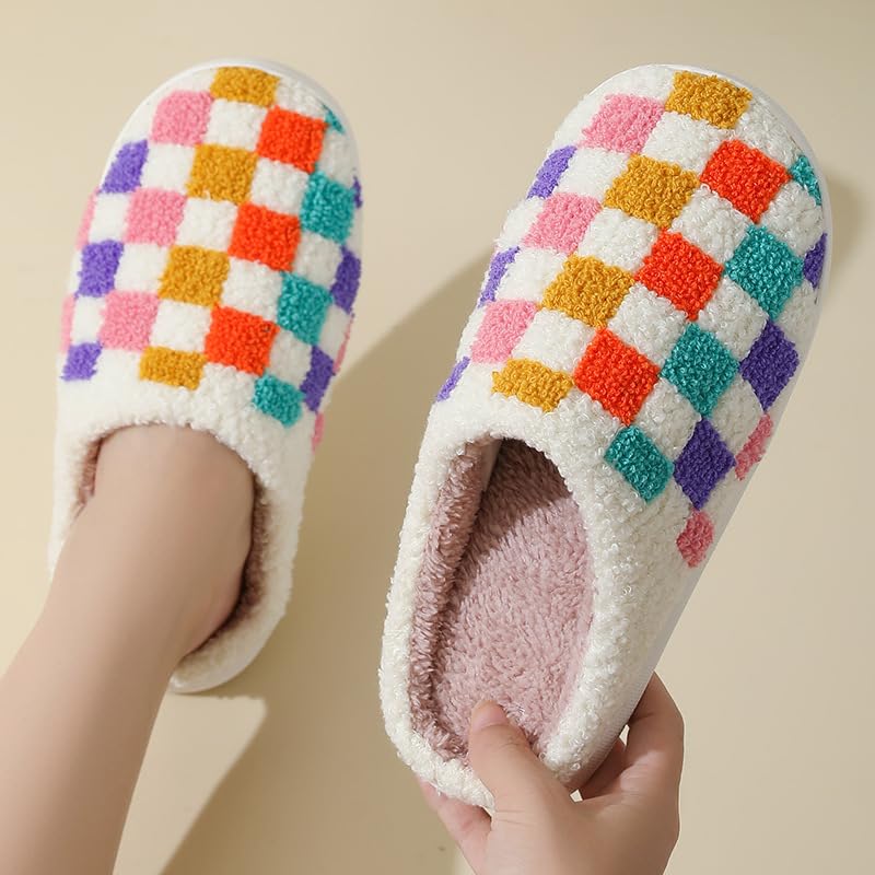 Checkerboard Slippers for Women Soft Cozy House Slippers Plush Warm Home Shoes4