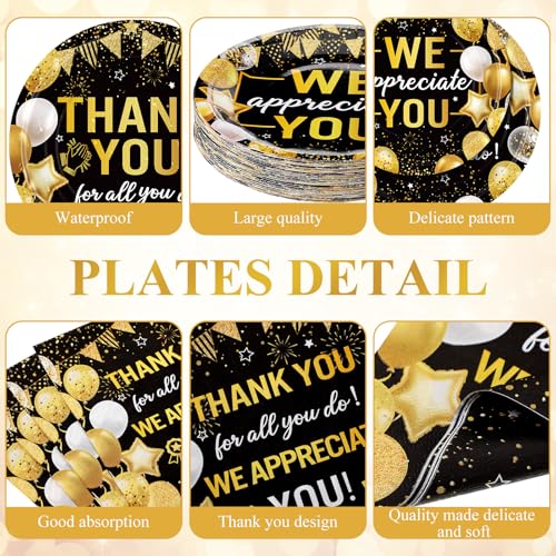 Image of Funnymoom 452 Pcs Black Gold We Appreciate You Decoration for 50, Thank You Paper Plates Napkins Cups Tablecloth Set for Administrative Professional Day Employee Teacher Volunteer Appreciation Supply