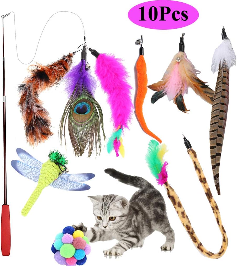 10Pcs Cat Feather Toys Wand Interactive Feather Teaser Stick Exerciser Attachments Retractable Fishing Rod with 8 Refills Feathers Worm…