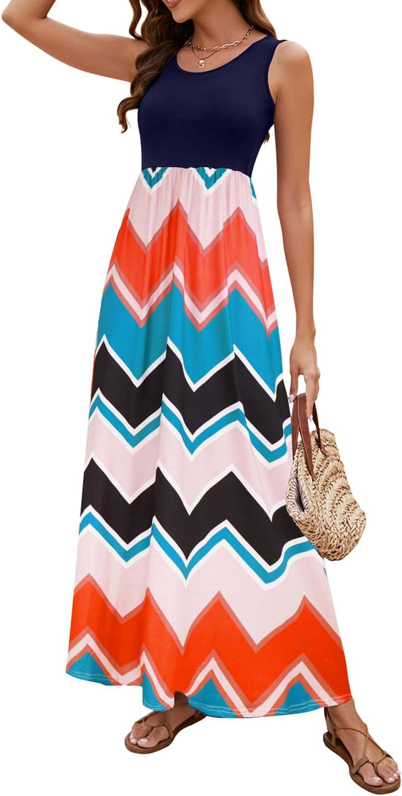 Women Boho Chevron Striped Floral Printed Summer Sleeveless Tank Long Maxi Party Dress