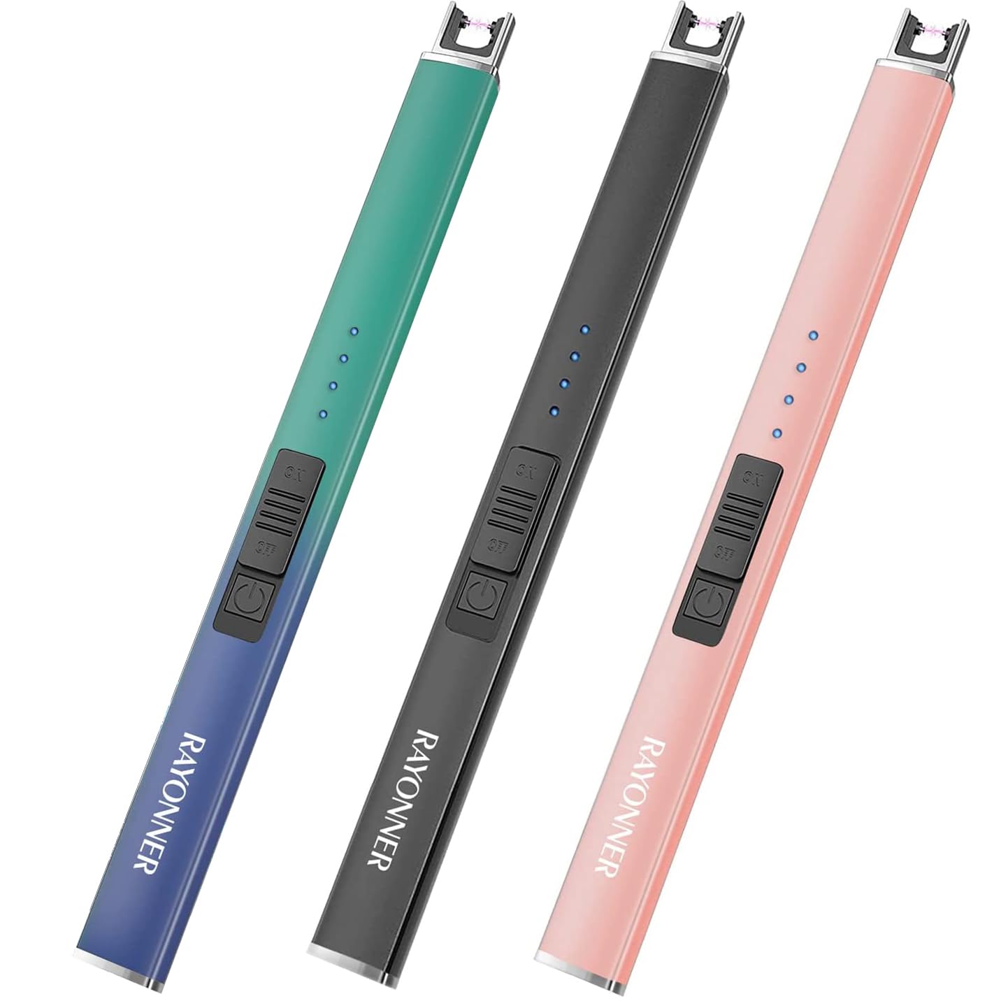 RAYONNER Electric Candle Lighter with Safety Switch - USB Rechargeable Windproof Flameless Plasma Arc Lighter for Easter Basket Stuffers(Black+Rose Gold+Green/Blue Gradient, Pack of 3)