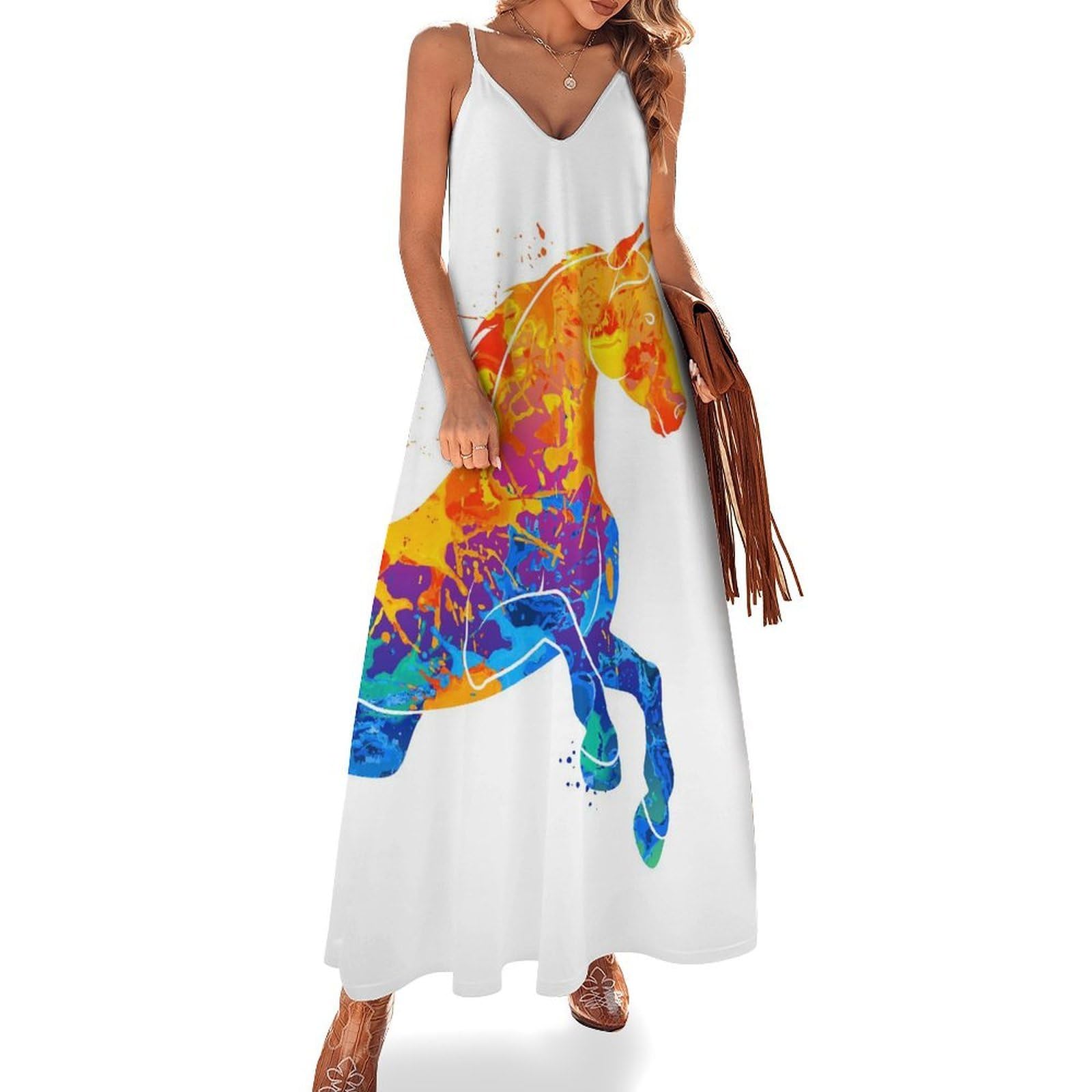 Robe longue cheval coloré imprimé créatif sans manches été extensible - 7