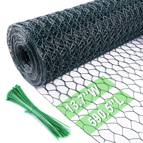 Image of Chicken Wire 13.7 in x 590.5 in Poultry Wire Netting Hexagonal Galvanized Mesh Garden Fence Barrier for Pet Rabbit Chicken Fencing with 100 Pcs Cable Zip Ties(PVC-Coated)