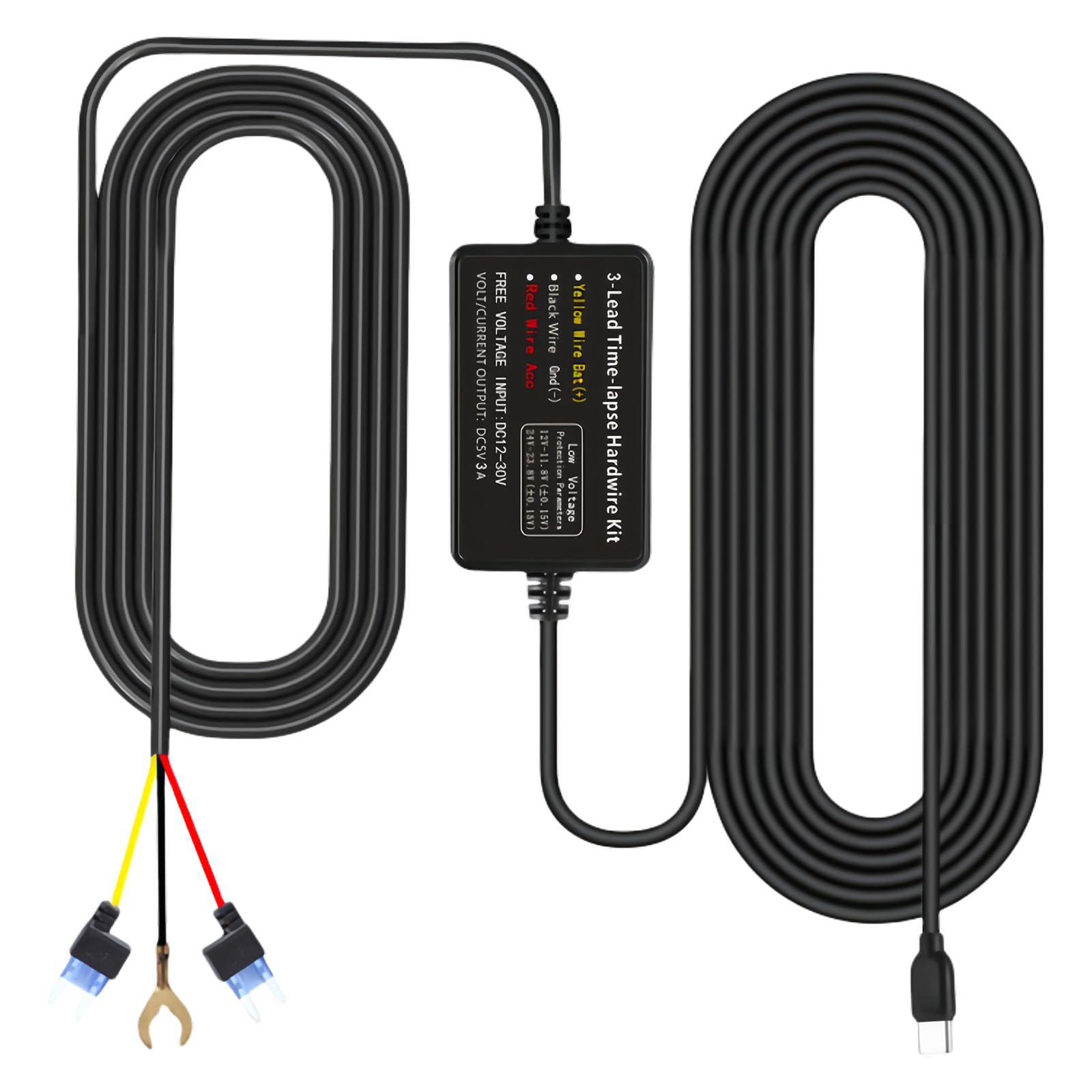 Typ C Hardwire-Kit Dash Cam, 12V-30V in 5V/3A Dash Cam, 3,2 Meter Auto-Ladekabel-Kabel, Dashcam Auto Hardwire Kit Parküberwachung mit Unterspannungsschutz für 24 Stunden Zeitrafferfunktion Geeignet