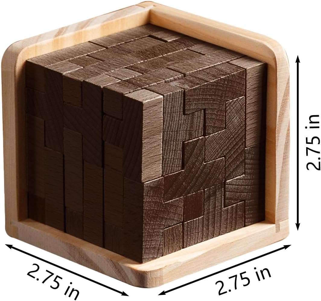 3D Wooden Brain Teaser Puzzle Cube Wooden Puzzles T-Shaped Jigsaw Logic Puzzle Game Puzzles Educational Toy for Kids and Adults (Brown)