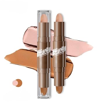 Contour Stick Double Ended, 2-in-1 Highlighter & Bronzer for Face, Easy to Blend, Buildable, Vegan & Cruelty-Free 02# Lotus root powder+coffee