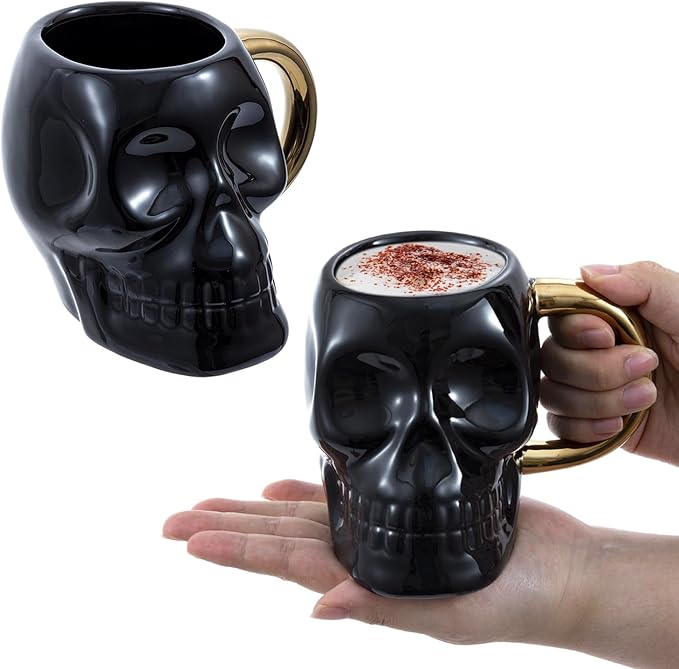 MyGift Set of 2 Skull Mug with Handles, Gothic Novelty Drinkware Skull Black Glazed Ceramic Mugs with Gold Tone Handles, Halloween Themed Skeleton Head Mugs