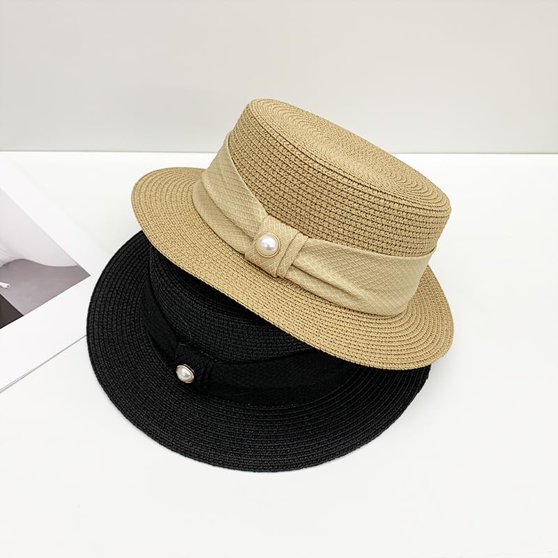 Sombrero de Paja de ala Ancha para Mujer,Ligero,Estilo Canotier,con Parte Superior Plana y Perla,Transpirable,para Actividades Al Aire Libre