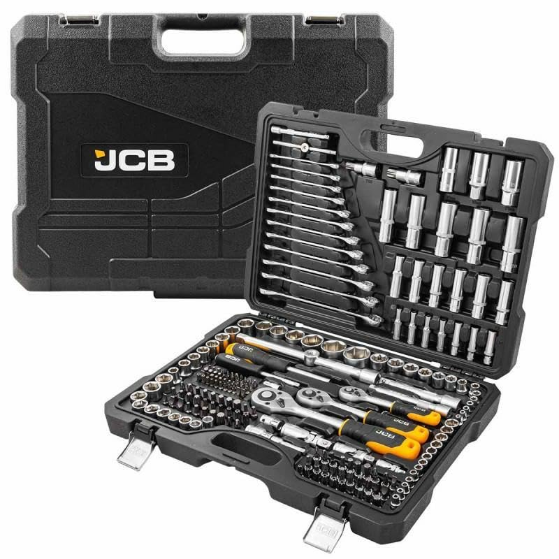JCB Juego de llaves de vaso y herramientas de 218 piezas, 3/8 pulgadas, 1/4 pulgadas y 1/2 pulgadas, brocas, llaves y accesorios para varios fines mecánicos y de mantenimiento de alta resistencia