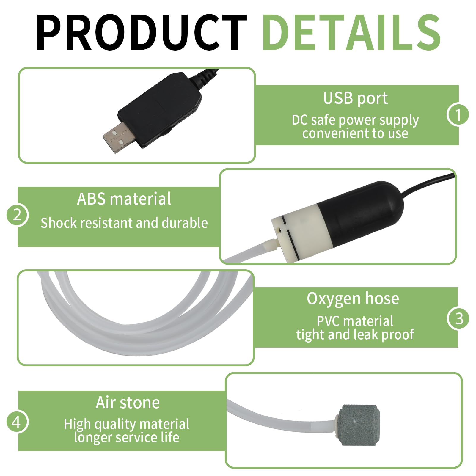 Mini USB Pompa Powietrza do Akwarium, Pompa Tlenu z Kamieniem Powietrzającym do Akwarium, Urządzenie do Napowietrzania Zbiorników Rybich, Akcesoria do Akwariów z Wodą Słodką i Morską, Energooszczędna