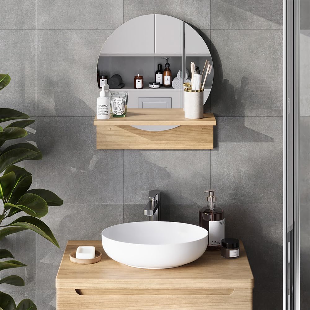 Vicco Specchio bagno Elyra, Rovere dorato, 40 x 47.5 cm con ripiano, adatto per il montaggio a parete in bagno e in ambienti abitativi