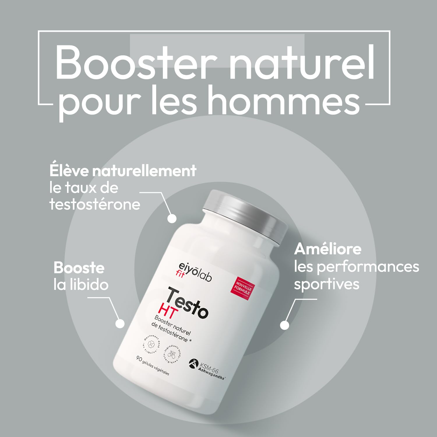 TESTO HT | Maca + Tribulus + Ashwagandha + Zinc | Dosage Élevé pour Efficacité Maximale | Stimulant Testostérone Naturel | Puissance et Endurance pour Hommes | 90 Gélules | Made in France | Eiyolab