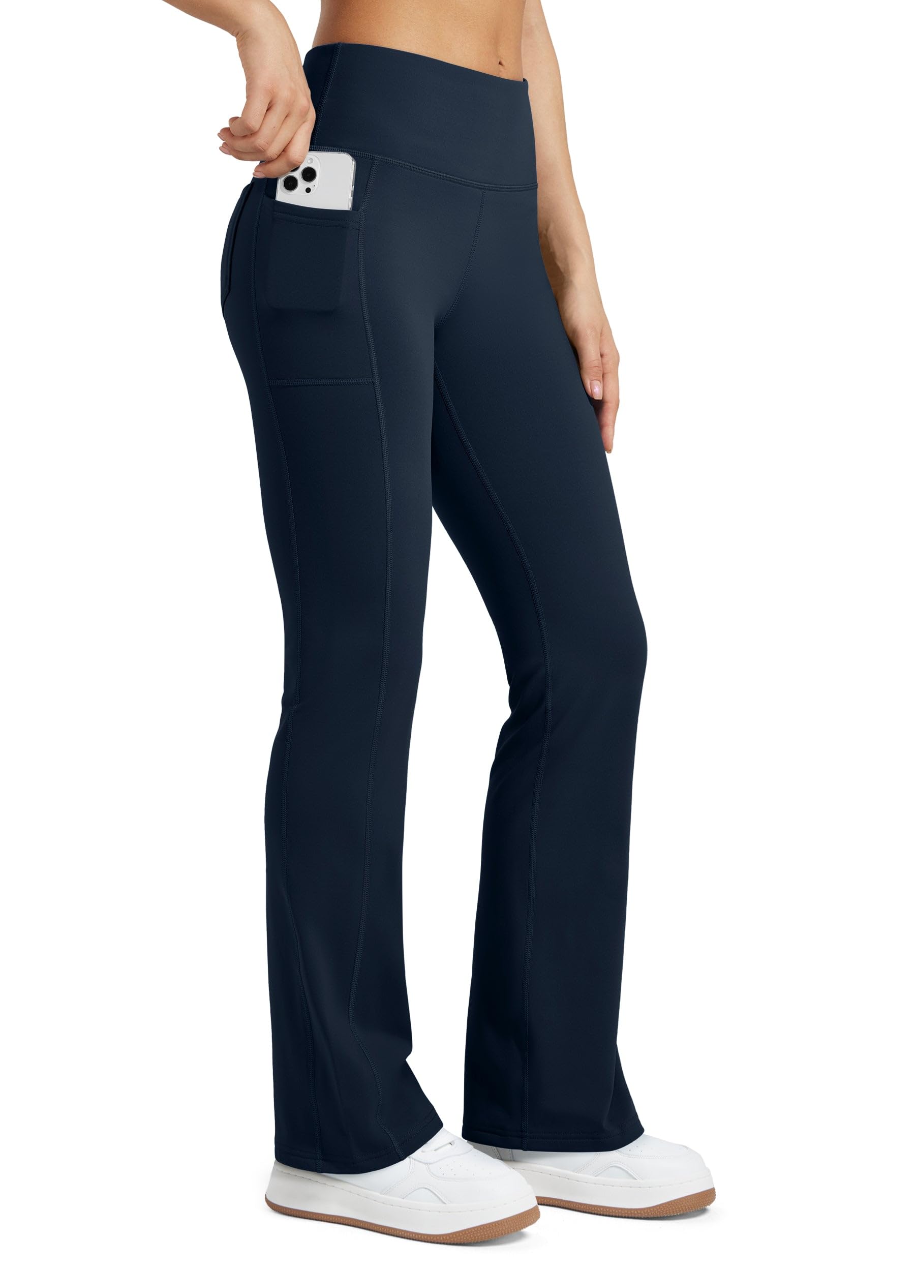 WILLIT Thermo Leggings Damen Winter Gefütterte Fleece Sporthose Yogahose Warm Sport Leggings Laufhose Bootcut Hose High Waist mit Taschen Dunkelblau XS