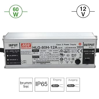 HLG-A Power Supply: High-Quality And Powerful LED Power Supply Aluminium IP65 Hum-Free Load Stable Connection Cable 30 cm Without Plug silver