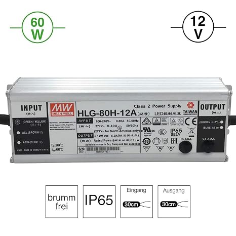 HLG-A Power Supply: High-Quality And Powerful LED Power Supply Aluminium IP65 Hum-Free Load Stable Connection Cable 30 cm Without Plug silver