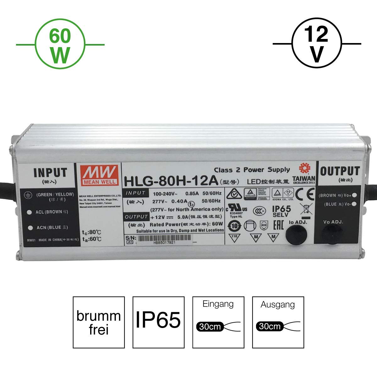 HLG-80H-12A : MEAN WELL Bloc d'alimentation LED 60 W, 12 V, IP65, tension et courant réglables (12 V 60 W)