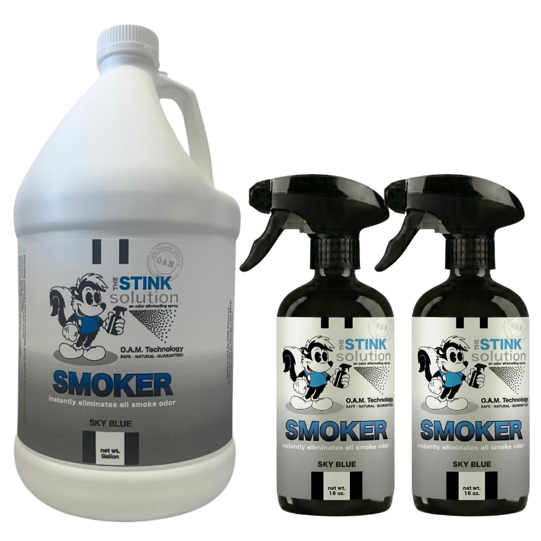 Amazon.com: The Stink Solution Smoke Odor Eliminator Spray for Home, Car,  Clothes, Hands, & Hair Completely Neutralizes All Types of Smoke Odor Best  Smoke Smell Remover Sky Blue Scent 1 Gallon +