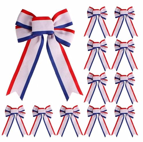 Meseey 12 Pcs Red White and Blue Stripes Bow Patriotic Bows 4th of July American Flag Bow for Wreath Tree Topper Indoor Outdoor Bunting Party Wall Decoration (redblueyellowstripe)