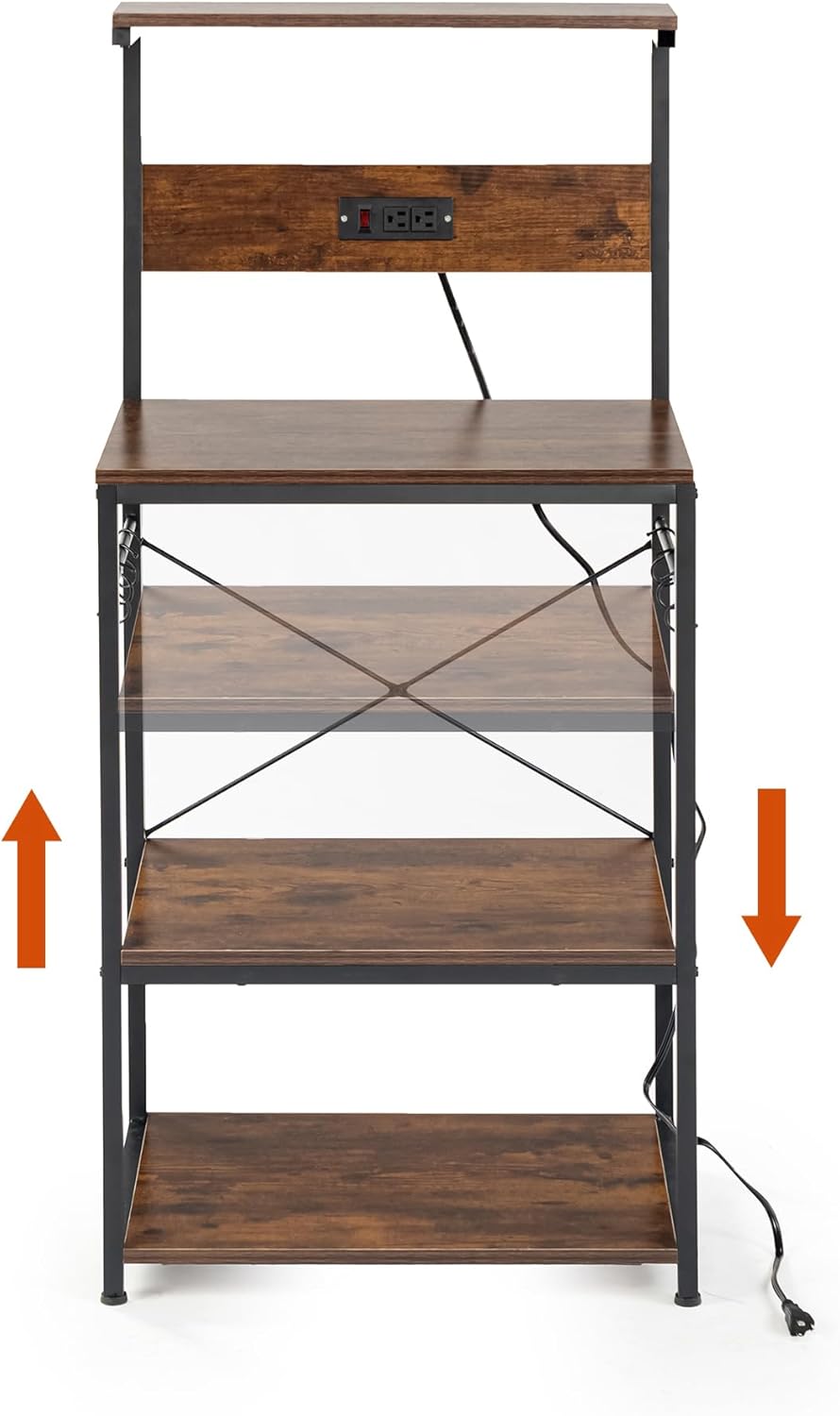 Homy Casa 4-Tier Kitchen Bakers Rack with Power Outlet, Microwave Stand with 6 S-Shaped Hooks, Kitchen Storage Shelf Rack Coffee Bar Table for Kitchen Dining Living Room, Rustic Brown