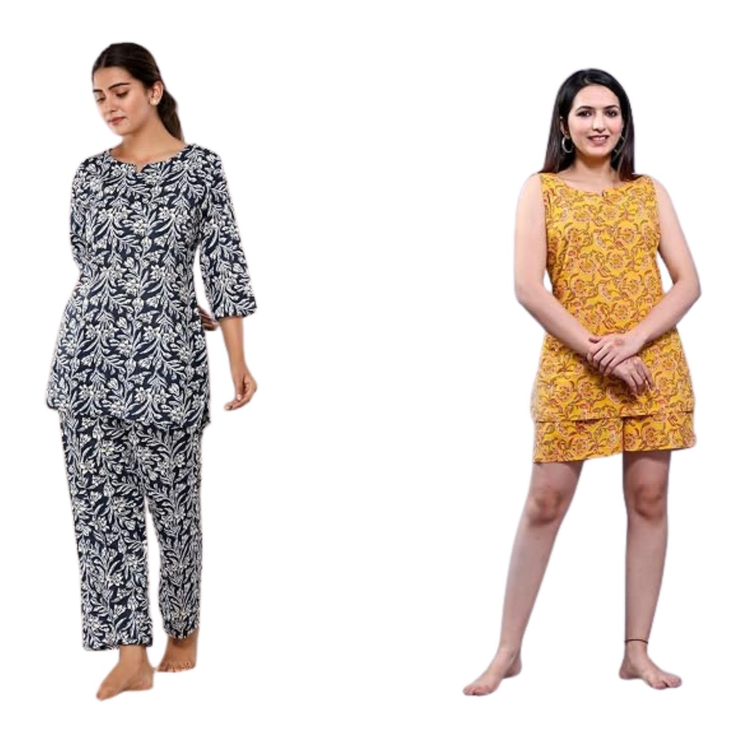 Women Floral Print 02 Topwear (1 sleeveless top and one is 3/4 sleeve) and 02 (1 payjama or 01 short) bottom wear Cotton KCC164 Blue or yellow 4 Night Suit Set-image-7