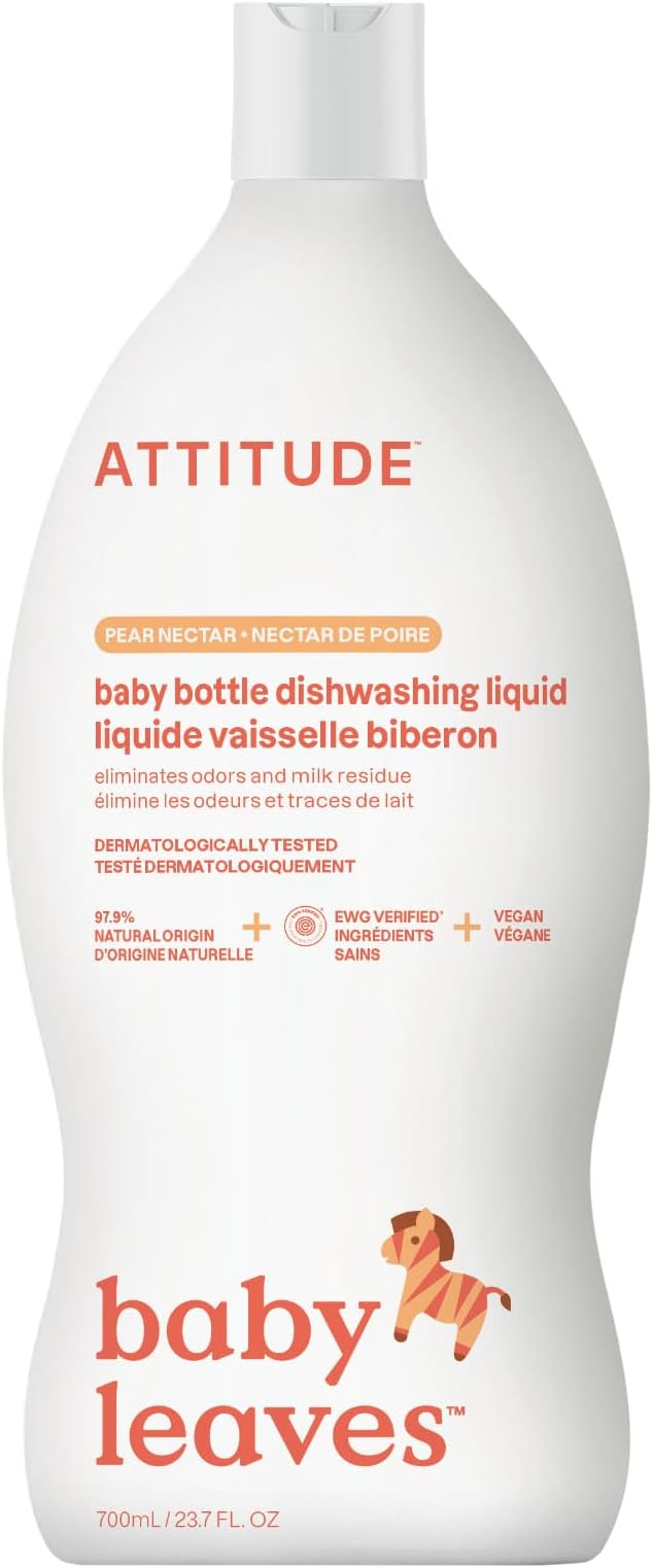 ATTITUDE Baby Bottle & Dish Soap, EWG Verified Bottle Cleaner, Dye Free, Removes Milk Residue & Grease, Vegan, Pear Nectar, 23.7 Fl Oz