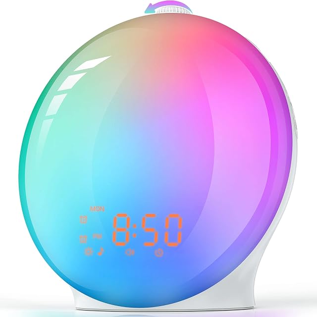 Sunrise Alarm Clock Full Screen Wake Up Light, Sunrise/Sunset Simulation Light Alarm, 7 Colors Atmosphere Lamp, 7 Natural Sounds, FM Radio, Dual Alarms, Snooze Function, Built-in Phone Charging Port