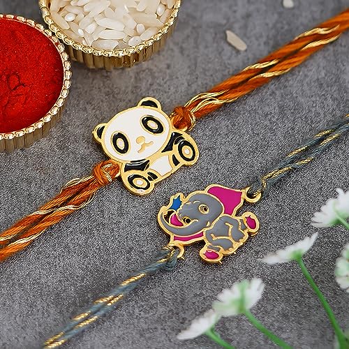 Image of eCraftIndia Set of 2 Multicolor Panda and Elephant Kids Rakhis with Roli Chawal Pack