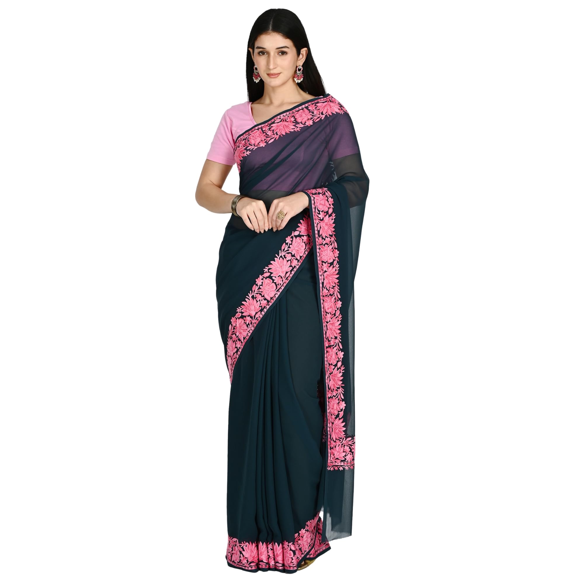 Women Kashmiri Aari Embroidered Georgette Saree, Lightweight Fabric, Detailed Work (TAZ541)-image-47
