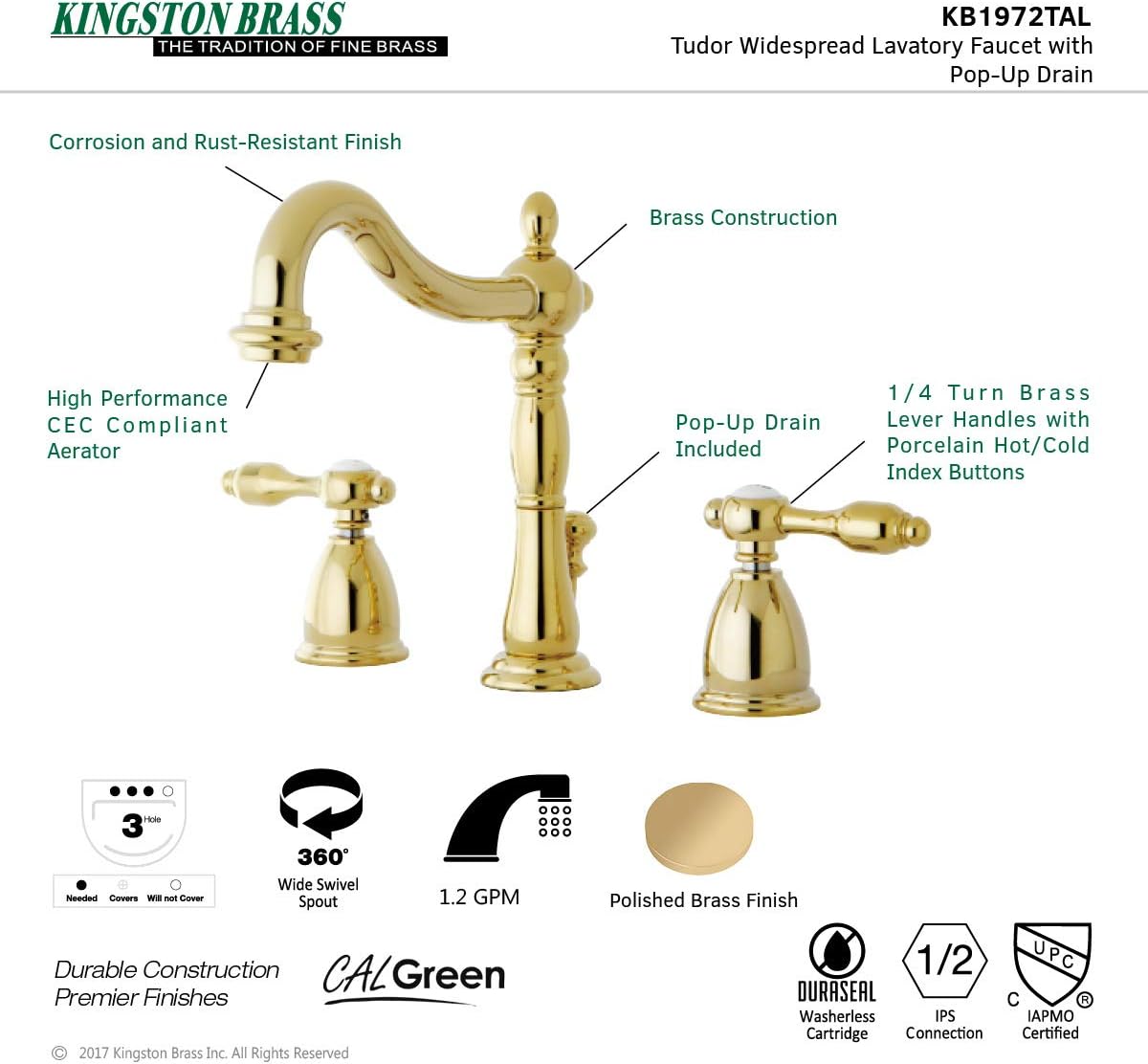 🛒 Crazy Deals Kingston Brass KB1972TAL Tudor Widespread Lavatory Faucet With ABS/Brass Pop-Up, Polished Brass, 6-1/2 inch in Spout Reach, Polished Brass
