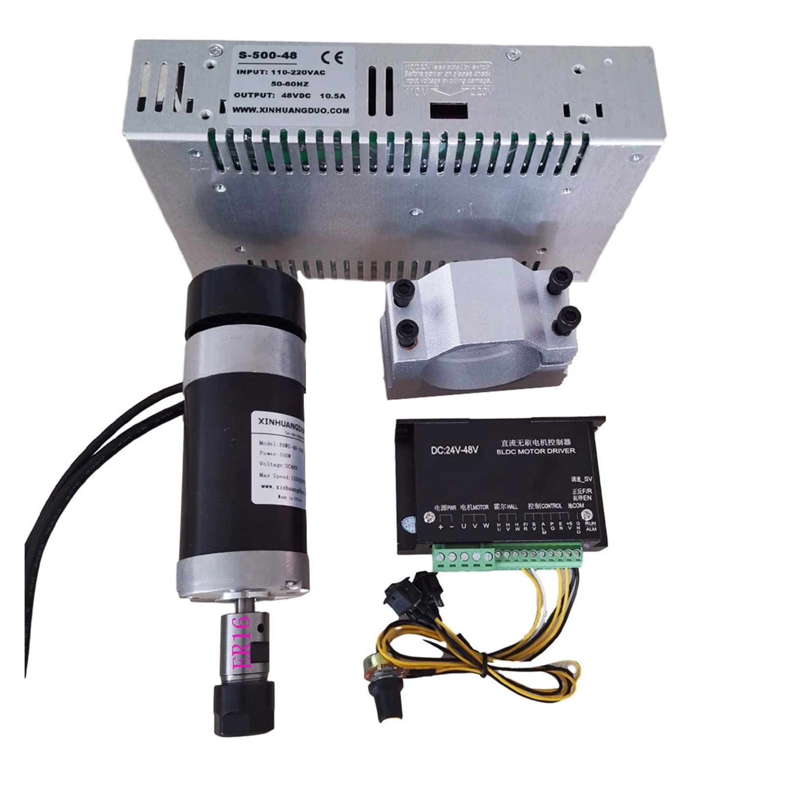 Mooilko Package7 Er16 48V 500W Er16 Brushless Spindle+57Mm Clamp With Screws+ 48V Brushless Motor Driver+48Vdc 10.5A Power Supply Smooth Running(Package7 Er16)