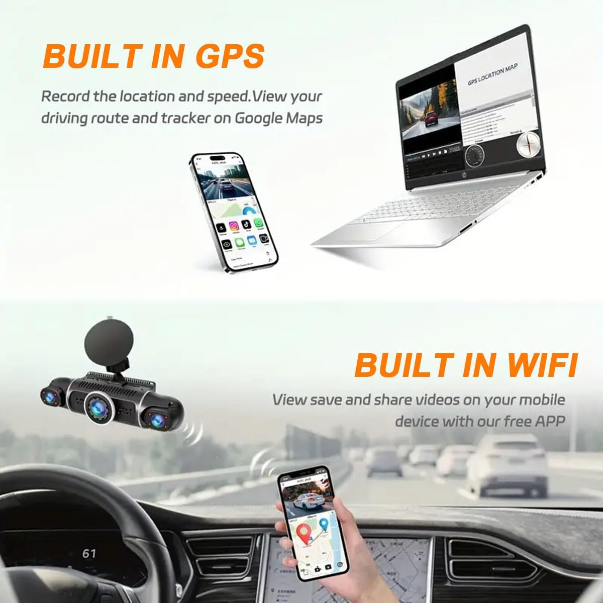 Image showing a laptop displaying a GPS location map and a smartphone screen with the dash cam app interface.