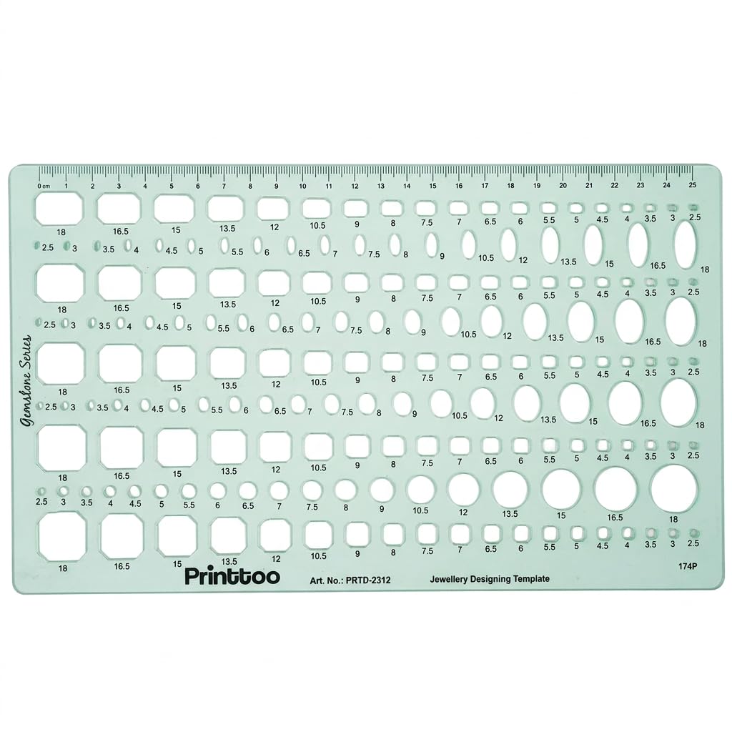 Printtoo Gemstone Jewellery Designing Template, 2mm Thick Transparent Green Acrylic Ruler Stencil, Multi Shape Stone Size Guide (Round, Oval, Emerald, Square), Precision Drafting Tool for Designers