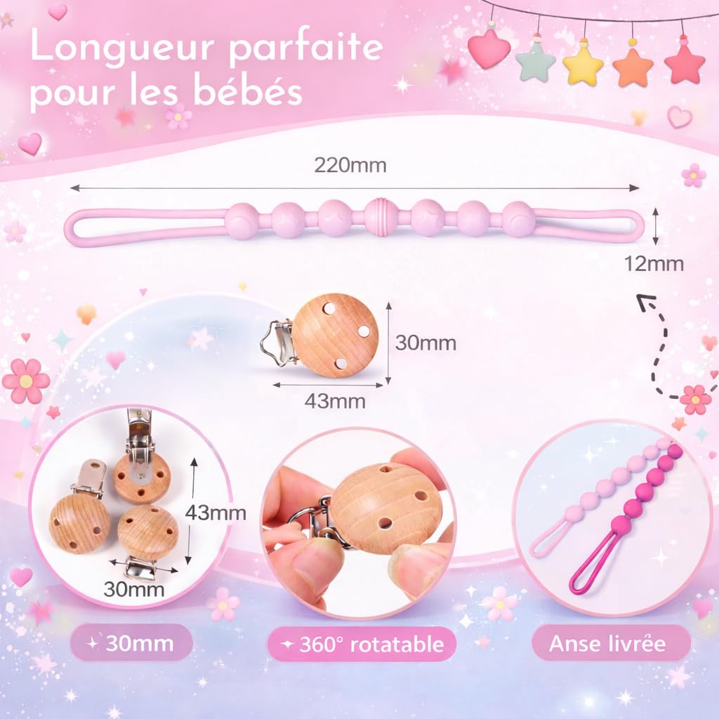 Attache Tetine (2 Couleurs) Attache Sucette - Accroche Tétine Bebe - Lot De 2 Accroches -Tétines En Silicone De Haute Qualité (Rose foncé/Rose clair)