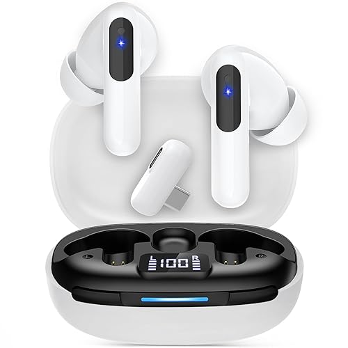 RYR 2.4GHz Wireless Gaming Earbuds, Bluetooth 5.3 in-Ear Headphones Bass Stereo, Gaming Earphones with Noise Cancelling Mic, LED Display, 36Hs Playtime for Meta Quest 3/2, PS5/4, VR, Switch, PC, Phone - White