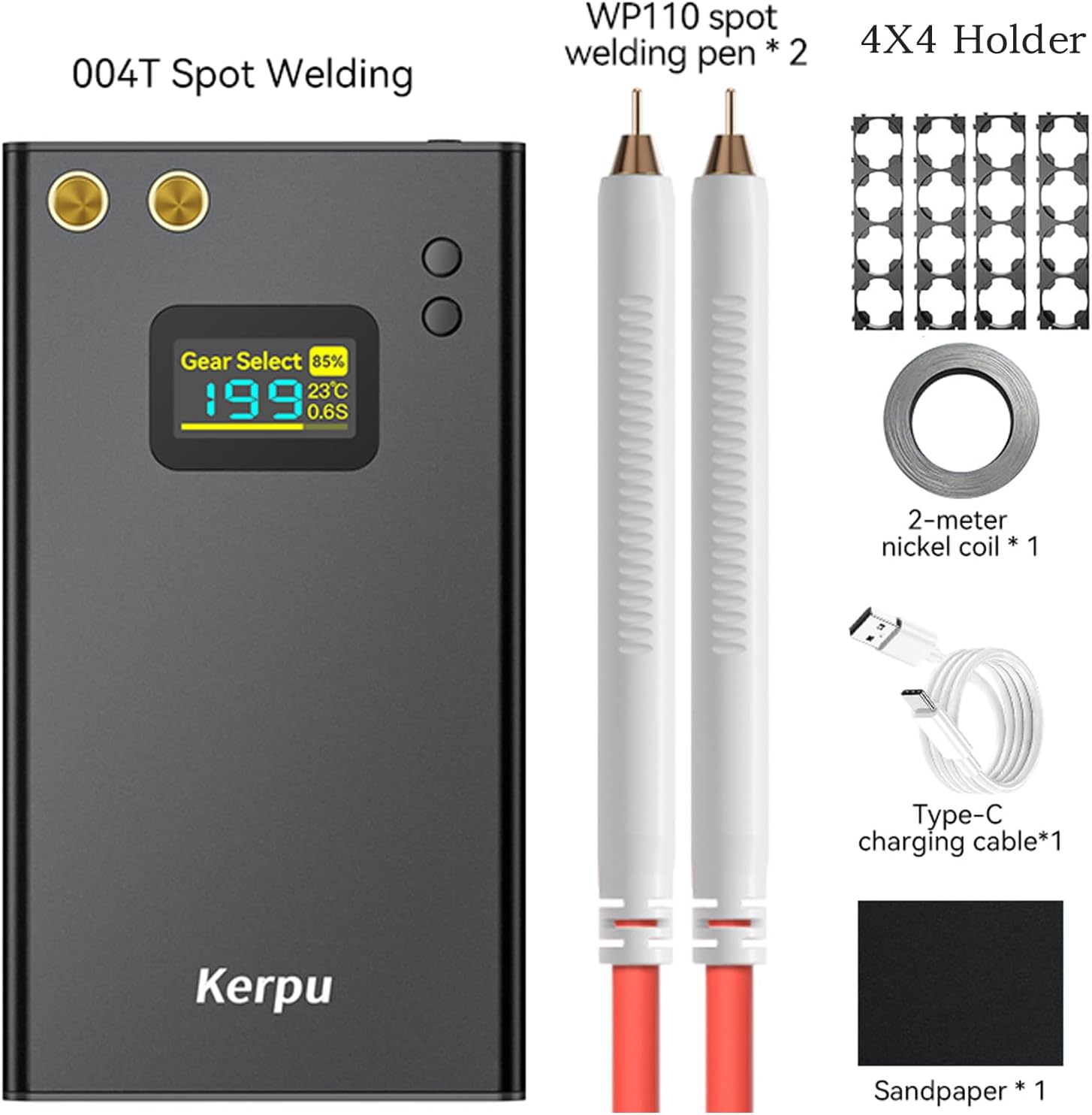 004T Portable Spot Welder - 12000mAh Battery, 199-Level Color Screen, 0.25mm Welding, Dual Pulse, Interchangeable WP110 Welding Pens for DIY Battery Assembly & Repair