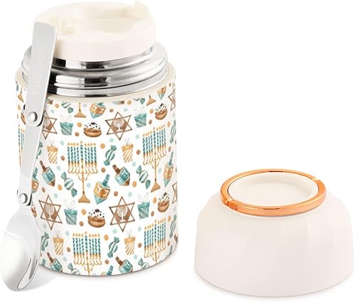 MCHIVER Hanukkah Candles Menorah Donuts Torus Food Jar with Spoon Stainless Steel Vacuum Insulated Food Container 17 oz Thermos for Adults