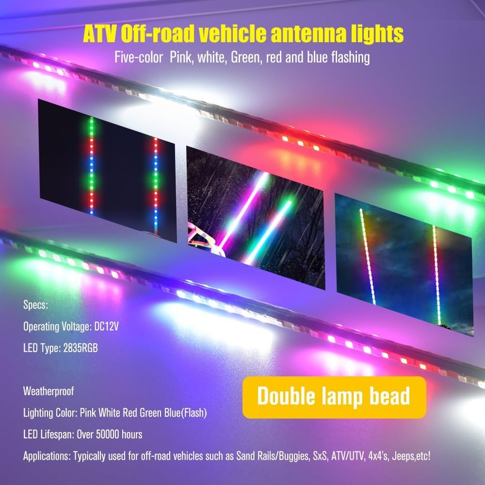 2pcs 3.9FT LED Whip Lights 270° Auto Strobe LED Light for ATV UTV,with Spring Base Waterproof Antenna Whips Lights for Can-Am ATV UTV RZR Polaris Dune Buggy Offroad Truck (3.9FT)