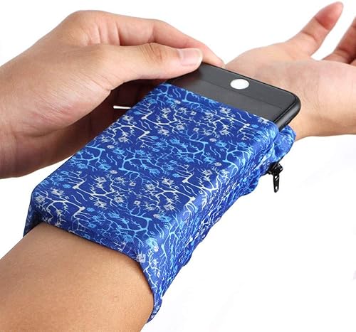 Muñequera con 2 bolsillos, cartera, para teléfono celular, para tobillo, banda de sudor, para brazo, bolsa oculta, para viajar, correr, Azul