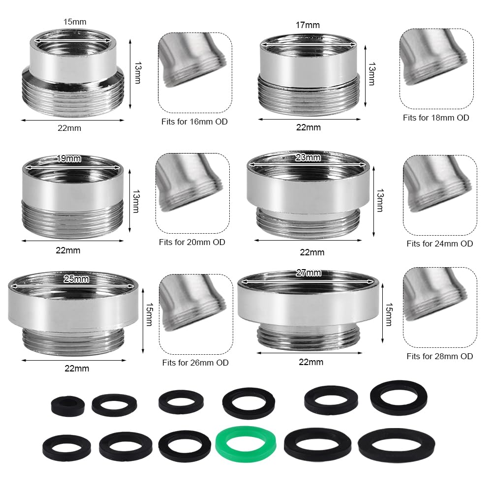 6 Piezas Adaptador Grifo, 16-28MM Juego de Adaptadores para Grifo, Adaptador de Grifo Roscado con Junta de Goma, Faucet Adapter para Manguera de Jardín, Filtro de Agua y Aireador de Cocina — view 2