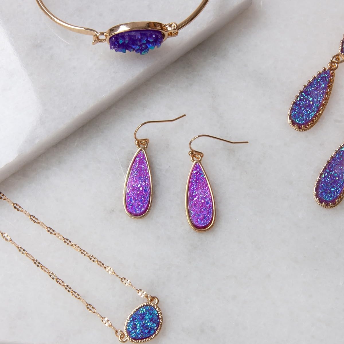 Teardrop Dangle Earrings for Women with Simulated Druzy Stones, in Gold, Rose Gold, or Silver Tone - Image 7