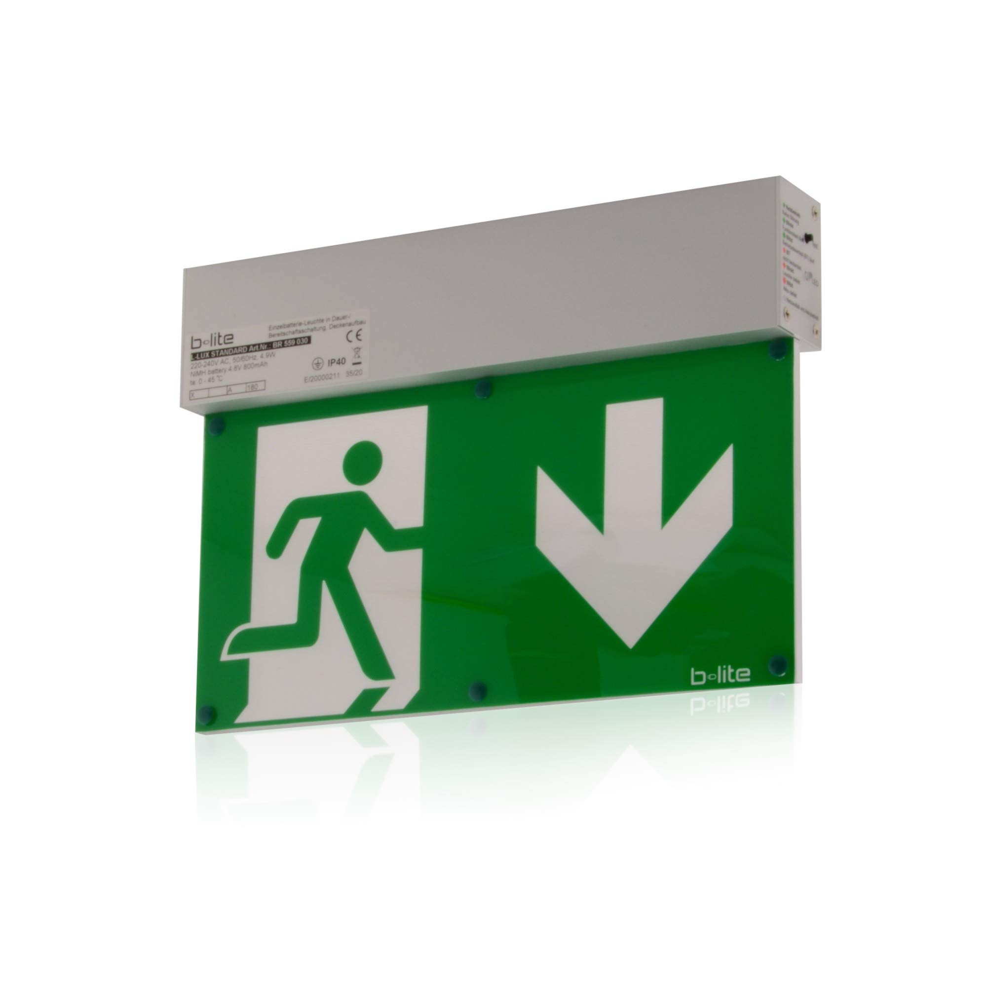 intratec 100% Shopping Luz de emergencia señal de escape luminaria de protección contra incendios salida, LED, IP40 con batería, aluminio apto para montaje colgante, 3h, incl. juego de pictogramas