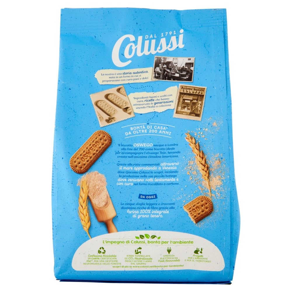 Colussi Biscotti Oswego Integrali Lot de 6 biscuits complets avec sucre brun et farine de céréales, sachet de 450 g + 1 sachet de thé glacé San Benedetto au citron sans sucre 330 ml