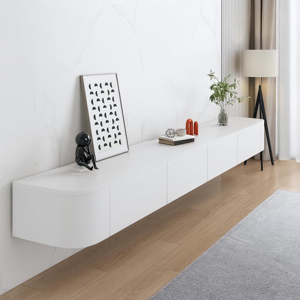 Meuble TV mural avec porte design suspendu et peu encombrant blanc