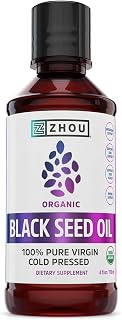 ZHOU Organic Black Seed Oil - Black Cumin Seed Oil Cold Pressed, Nigella Sativa, Pure Unrefined Blackseed Liquid, Premium Supplement for Health with Thymoquinone, Omega 3 6 9-4 Fl Oz (Pack of 1)