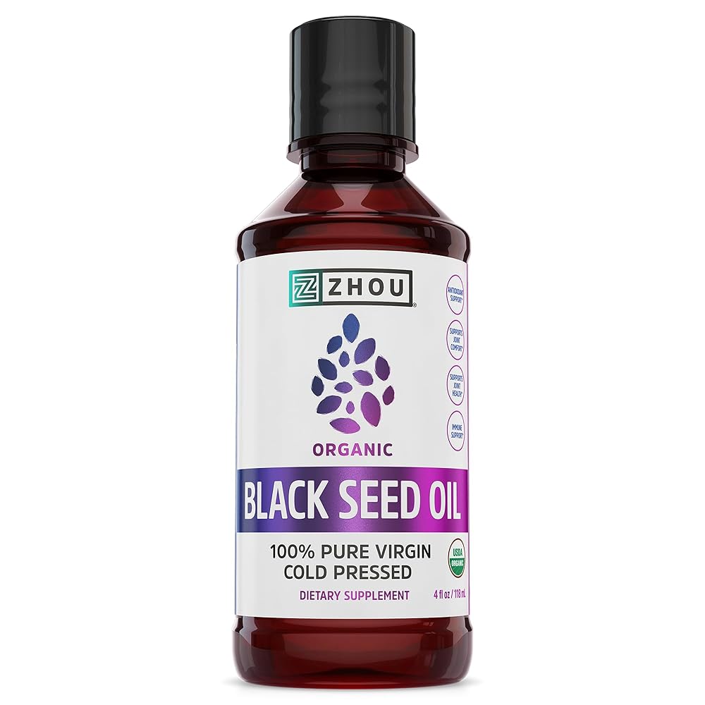 ZHOU Organic Black Seed Oil - Black Cumin Seed Oil Cold Pressed, Nigella Sativa, Pure Unrefined Blackseed Liquid, Premium Supplement for Health with Thymoquinone, Omega 3 6 9-4 Fl Oz (Pack of 1)